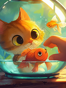 可爱的卡通猫与鱼缸里的鱼高清图片