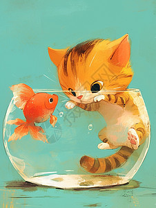 卡通小猫和鱼缸里的鱼高清图片