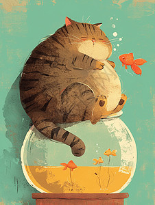 卡通绿色小鱼坐在玻璃鱼缸上的卡通大猫咪插画