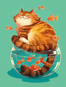卡通绿色小鱼坐在透明玻璃鱼缸的卡通大猫插画