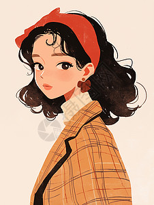 红色年代复古风格子外套头戴红色发卡的女青年插画