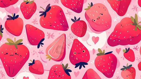地里的草莓粉色可爱的草莓背景插画
