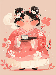 粉色茶杯身穿粉色汉服优雅的端着茶杯喝茶的古风美女插画