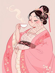 粉色茶杯粉色汉服优雅的端着茶杯喝茶的卡通古风美女插画