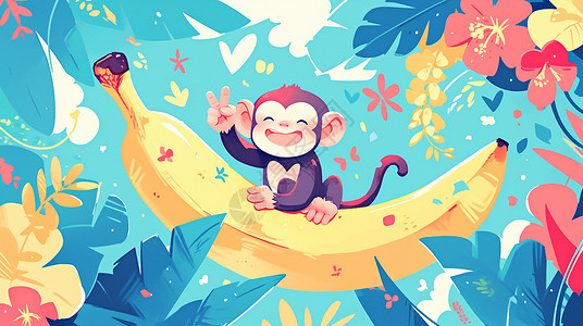 绿色香蕉坐在大香蕉上比耶手势调皮可爱的卡通小猴子插画