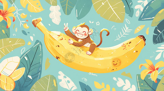 绿色香蕉上比耶手势调皮可爱的卡通小猴子插画