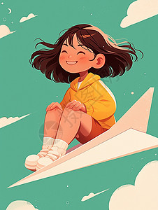 坐在纸飞机上飞翔的可爱小女孩插画