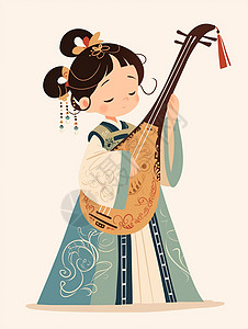 弹琵琶女孩古风装扮弹乐器的女孩插画