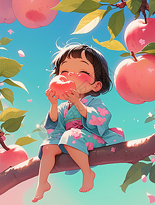 坐在树上开心吃桃子的卡通小女孩插画