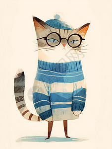 黑灰色呆萌的卡通灰色小花猫身穿蓝条毛衣插画