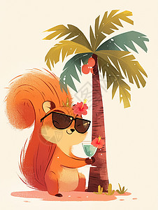 戴墨镜恶狼在椰子树下戴墨镜喝着饮料的卡通小松鼠插画