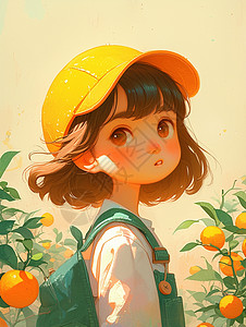 穿背带裤的女孩戴着帽子穿背带裤的卡通女孩站在橙子果园中插画