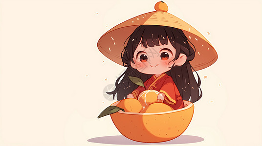 可爱的卡通女孩与丰收的橙子背景图片