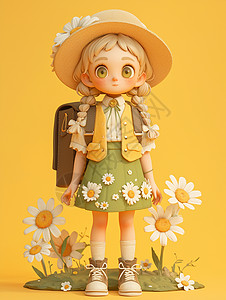 包臀裙穿小雏菊碎花裙戴着草帽背着包包的可爱卡通小女孩插画