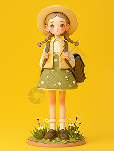 包包包素材身穿小雏菊碎花裙戴草帽背着包包的可爱卡通小女孩插画