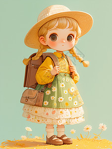 穿裙子的人穿小雏菊碎花裙戴着草帽背着包包的可爱卡通女孩插画
