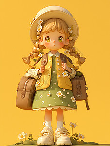 包包包素材身穿小雏菊花裙戴着草帽背着包包的可爱卡通小女孩插画