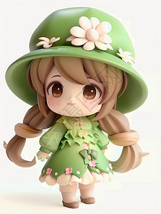 C4D绿色背景戴着花朵帽子穿着绿色连衣裙可爱的卡通小公主插画