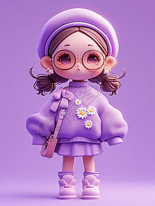 女孩眼镜身穿紫色毛衣半身裙时尚可爱卡通小女孩背着小包插画