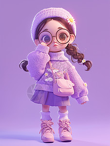 黑色调壳素材身穿紫色毛衣半身裙时尚可爱卡通小女孩背着包插画
