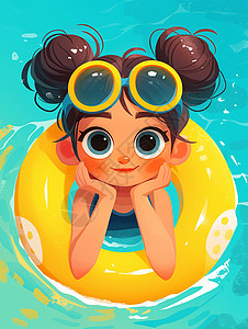 戴泳镜头上戴着游泳镜套黄色游泳圈在泳池游泳的卡通小女孩插画