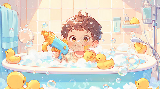 卡通可爱小鸭子在浴室里一边泡澡一边玩水枪的卡通小男孩插画