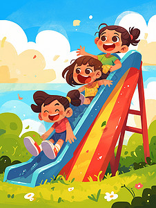 玩滑梯小朋友几个可爱的卡通小朋友在一起玩滑梯插画