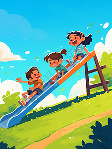 几个女孩几个可爱的卡通小朋友在一起玩滑梯插画