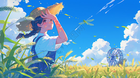 草帽盘头上戴着草帽在麦子地中眺望远方的卡通女孩插画