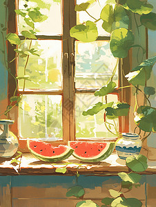 西瓜切盒古风唯美的窗台上放着两块切好的西瓜插画