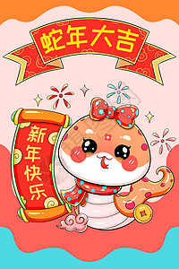 蛇年大吉贺卡可爱卡通新年春节新年快乐蛇插画插画