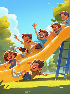 玩滑梯小朋友正在公园一起玩滑梯的可爱卡通小朋友插画