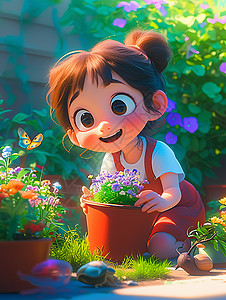 抱花盆女孩在花园中抱着一盆花开心笑的卡通小女孩插画