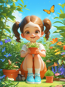 抱花盆女孩花园中抱着一盆花开心笑的卡通小女孩插画