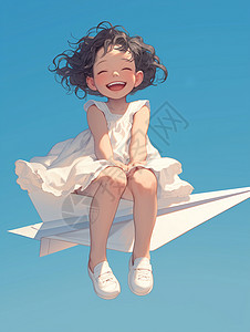 坐在纸飞机上在纸飞机上开心笑的卷发卡通小女孩插画