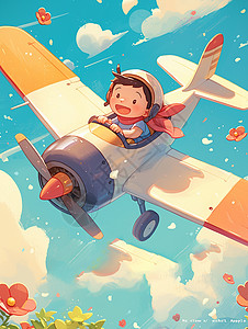 飞机上俯瞰一个可爱的卡通小男孩坐在飞机上在空翱翔卡通插画插画