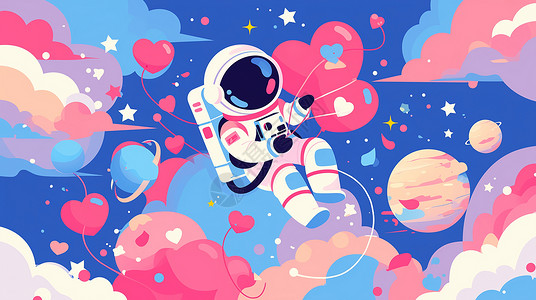 梦幻太空涂鸦梦幻彩色太空中的卡通宇航员插画