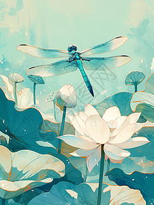飞着的蜻蜓一个大大的卡通蜻蜓在盛开着荷花的荷塘中飞插画