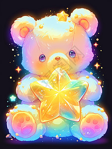 抱着玩偶抱着发光星星的可爱卡通小熊插画