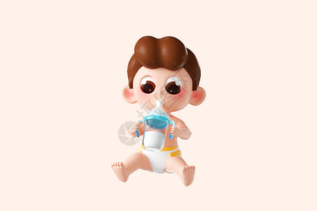 3d立体卡通可爱母婴形象抱着奶瓶喝奶的婴儿图片素材