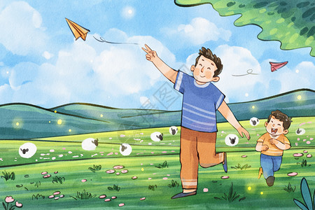 手绘水彩父亲节之爸爸和儿子在草地玩耍治愈插画图片素材