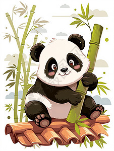 可爱的卡通大熊猫在屋顶上开心吃竹子图片素材