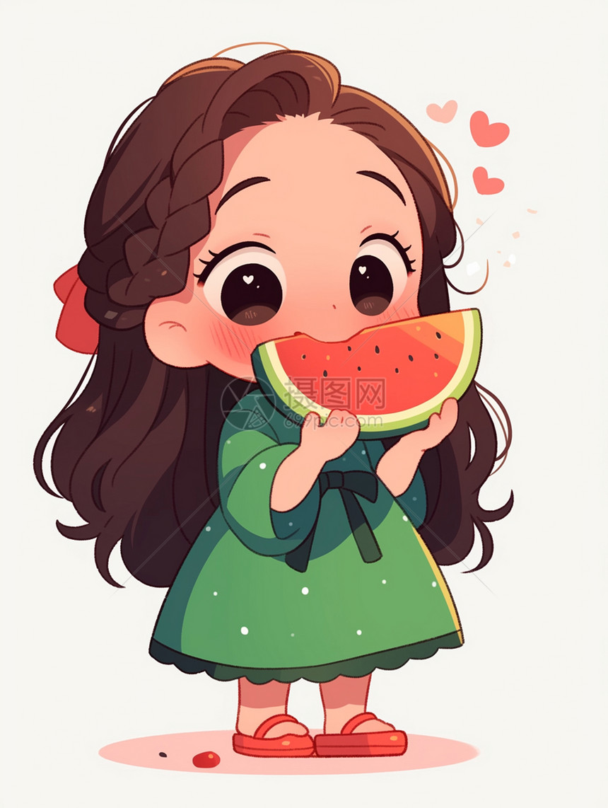 夏天吃西瓜的可爱大眼睛卡通小女孩图片