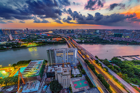 风景大图杭州夕阳下的建筑与大桥背景