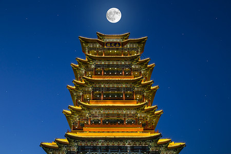 手绘古楼中国风古楼永定楼明月背景