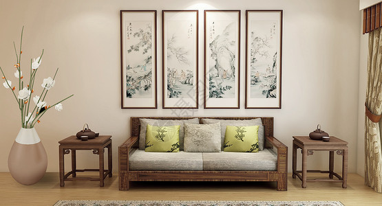 中式布艺沙发室内空间高清图片素材