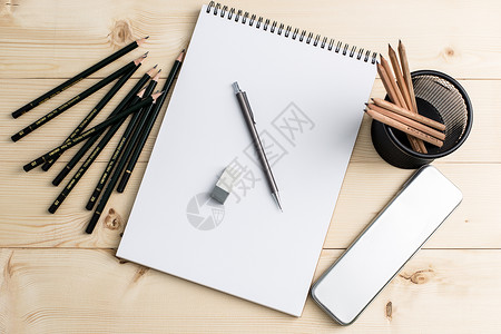 桌上写字教育设计活动铅笔木板平铺创意拍摄背景