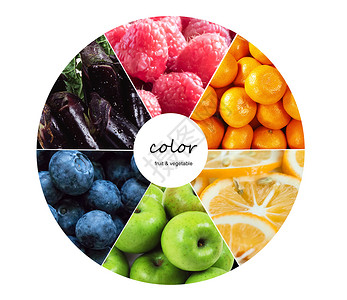 蓝莓摆盘水果和蔬菜拼接的色彩图设计图片