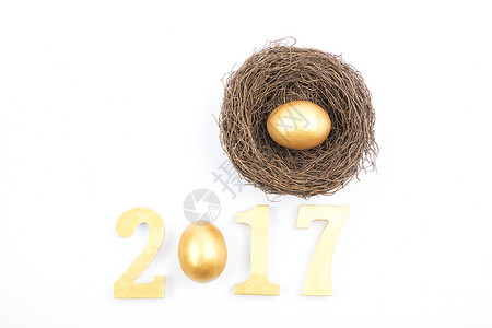 金色醒着拼字体2017和鸟窝鸡蛋摆拍背景