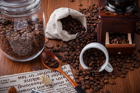 静物咖啡咖啡和咖啡豆高清图片